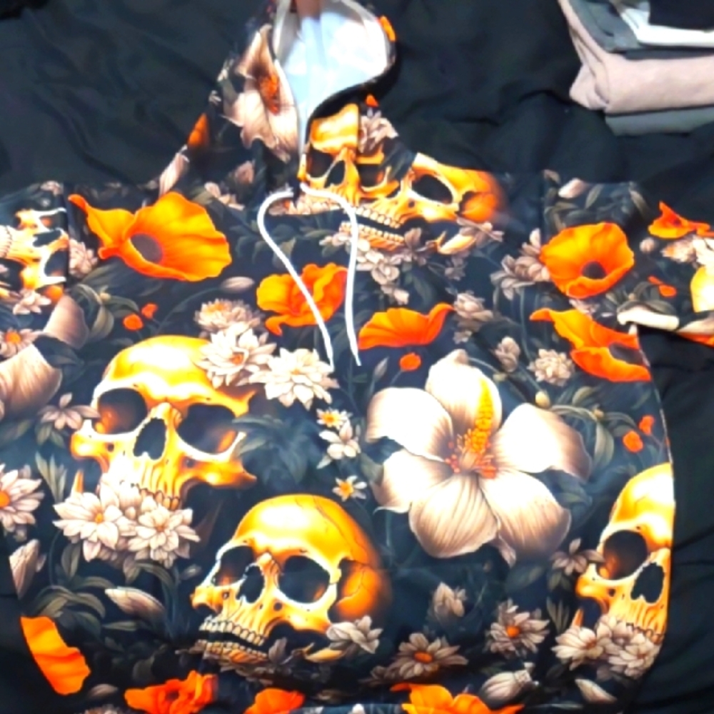 Floral Skull Hoodie with Orange Accents